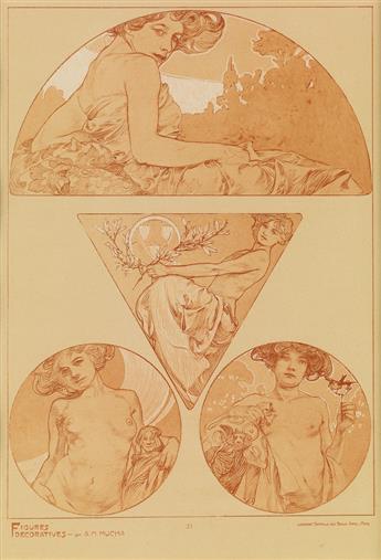 ALPHONSE MUCHA (1860-1939). [FIGURES DÉCORATIFS.] Group of 4 plates. 1905. Each approximately 15x11 inches, 40x28 cm. [Emile Levy, Pari